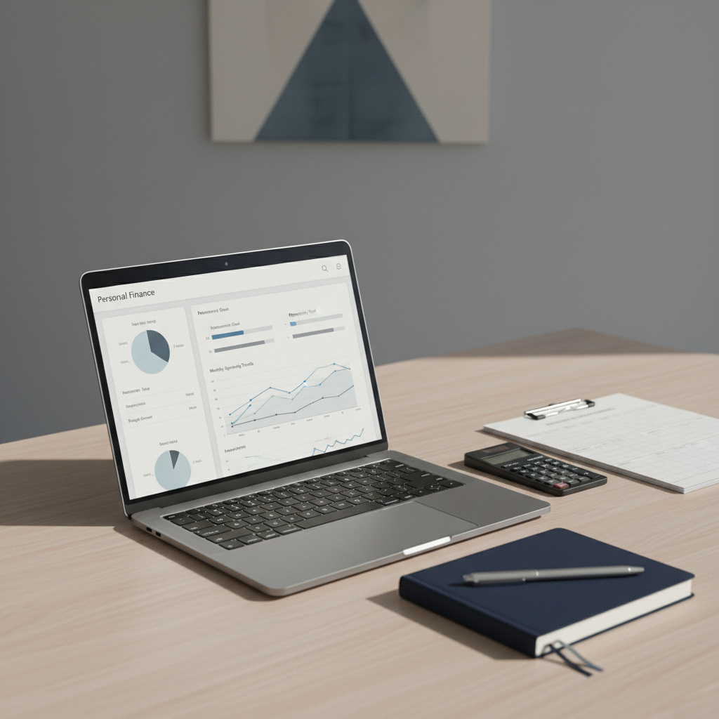 A sleek, matte-silver laptop open on a pale wood desk, its screen displaying a clean personal finance dashboard with charts, savings goals, and neat line graphs in muted blues and grays. Beside it, a slim black calculator, a closed navy notebook, and a neatly stacked pair of minimalist financial reports with subtle gridlines form an orderly arrangement. The scene is set against a soft gray wall with a single geometric print in the far background, slightly out of focus. Cool daylight enters from an unseen window on the left, casting gentle, defined shadows and crisp highlights on metallic edges. Shot at a slightly elevated, three-quarter angle with sharp focus and balanced composition, the photographic realism and neutral tones create a calm, professional, corporate atmosphere about managing money with clarity and structure.